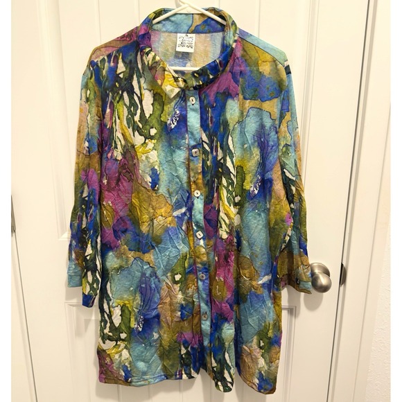 Parsley & Sage Tops - Parsley & Sage Women's Multicolor Abstract Button-Up Collared 3/4 Sleeve Blouse